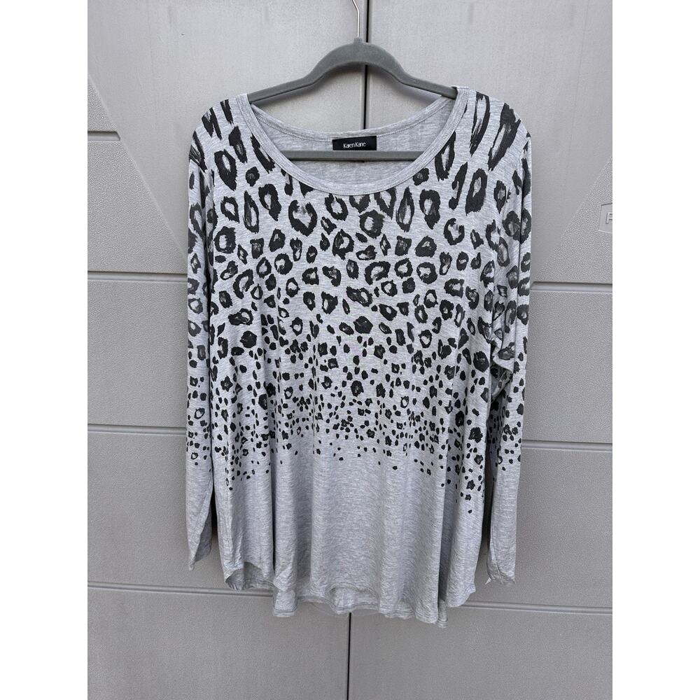 Karen Kane Ballet Neck Asymmetrical Top Grey Leopard Animal Print Long Sleeve 3X